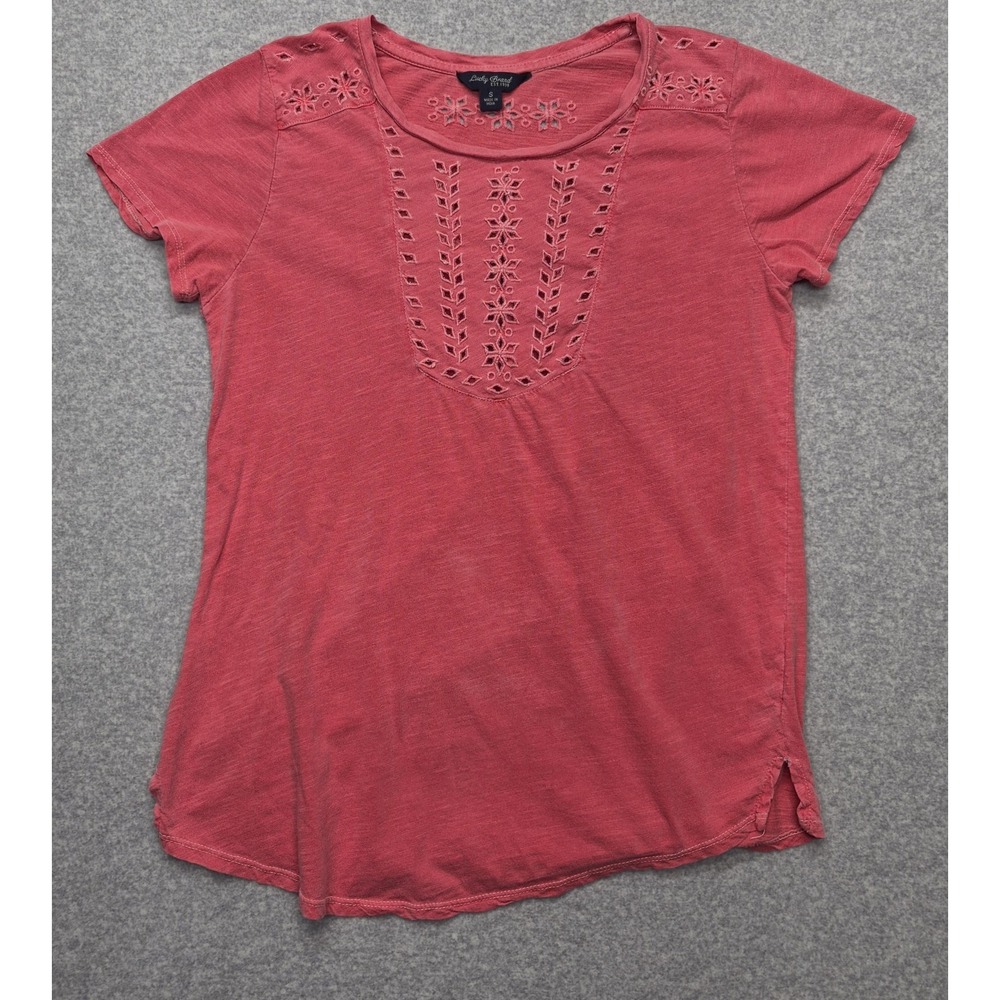 Lucky Brand Top Womens S Coral Pink Eyelet Embroidered Scoop Neck Short Sleeve